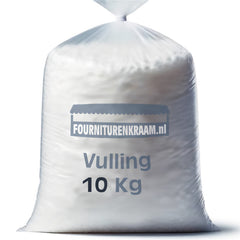 Grote witte zak met pluizig vulmateriaal, 10 Kg, met 'FOURNITURENKRAAM.nl' logo. KNUFFEL-VULLING-10KG