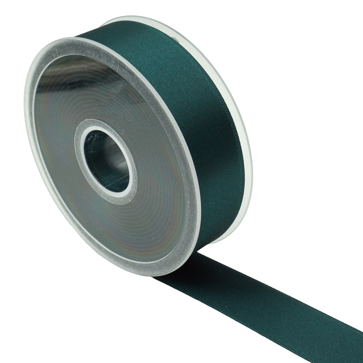 Ruban de satin vert foncé sur bobine plastique transparente, 25mm de large, 25 mètres. FK Huismerk. 4059090275826