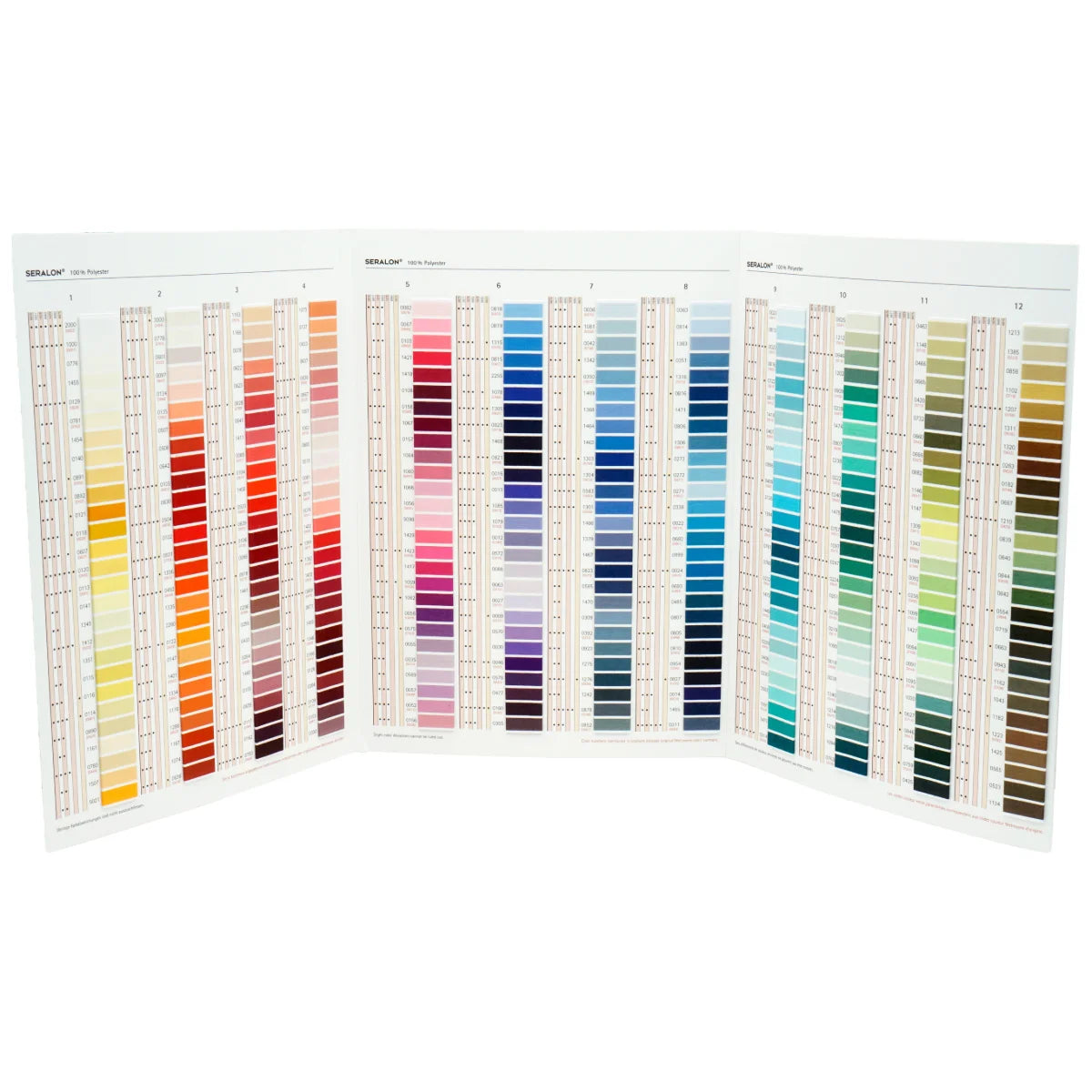 Gedeeltelijk uitgevouwen Amann Mettler Seralon kleurenkaart met diverse garenkleurstalen, 7630035809618 | 7630035809618