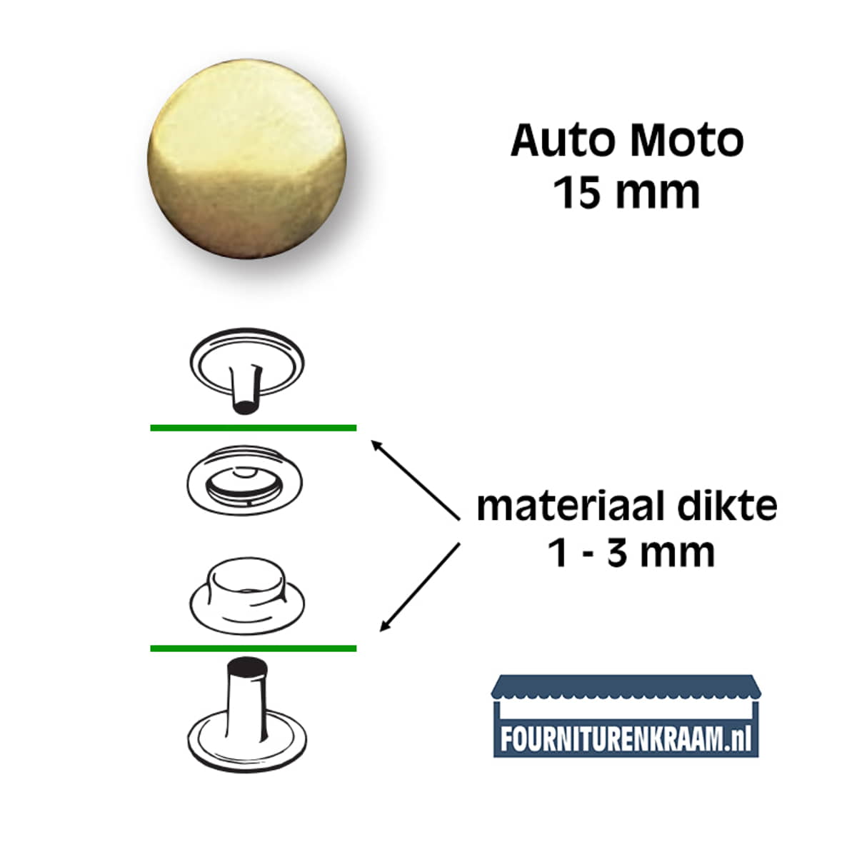 Drukknopen set | 15 mm | Auto Moto | messing goud | 10 stuks Drukknopen KIN-15-AUTO-MOTO-MESSING 8590265102141