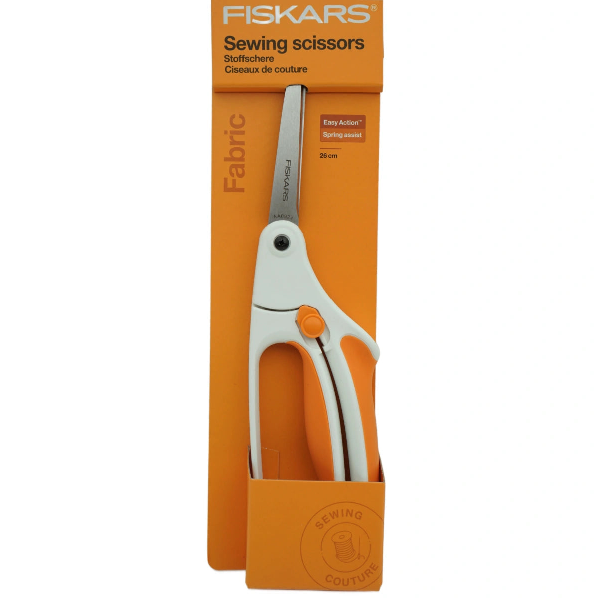 Fiskars Easy Action stofschaar 26 cm in oranje en witte verpakking, met productdetails FISKARS-EASY-ACTION-26CM.