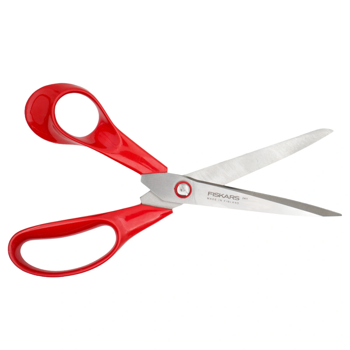Fiskars linkshandige stofschaar met rode handgrepen en zilveren bladen, licht geopend, op een witte achtergrond. 6411501985026 FISKARS-LINKS-2411 | FISKARS-LINKS-2411 | 6411501985026