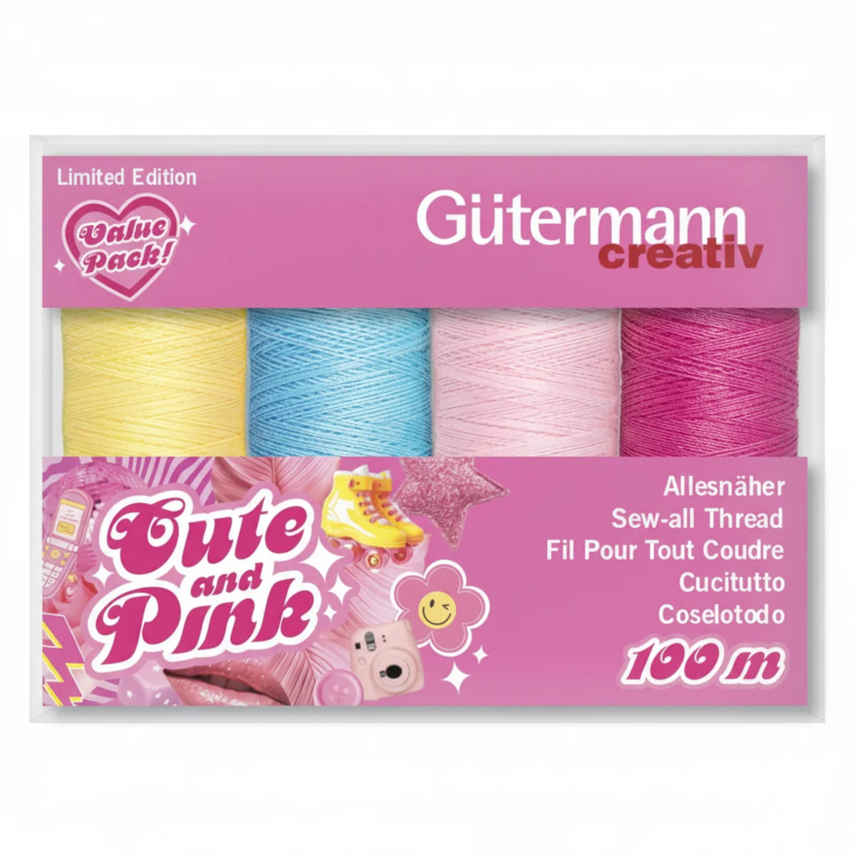 Roze Gütermann allesnaaigaren spoel op een witte achtergrond, GUTERMANN-PINK4-713324 4068075077866