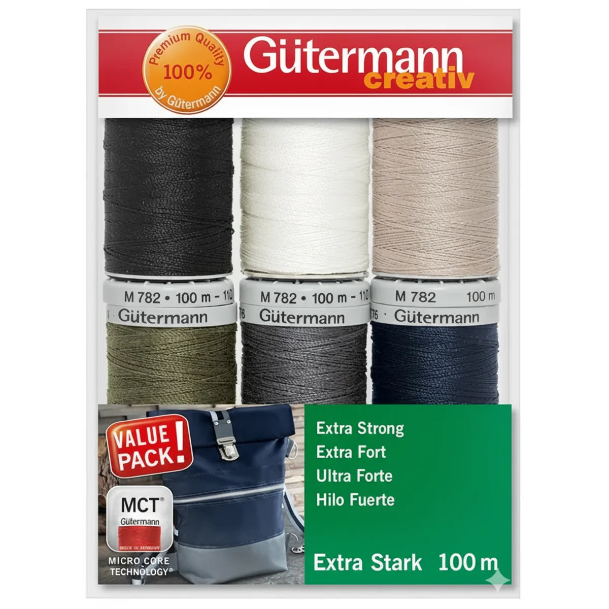 Voorkant van Gutermann Creativ Extra Sterk naaigaren set &quot;Value Pack&quot; met zes spoelen en een voorbeeld van een genaaide tas. GUTERMANN-STERK-SET-734528 | GUTERMANN-STERK-SET-734528
