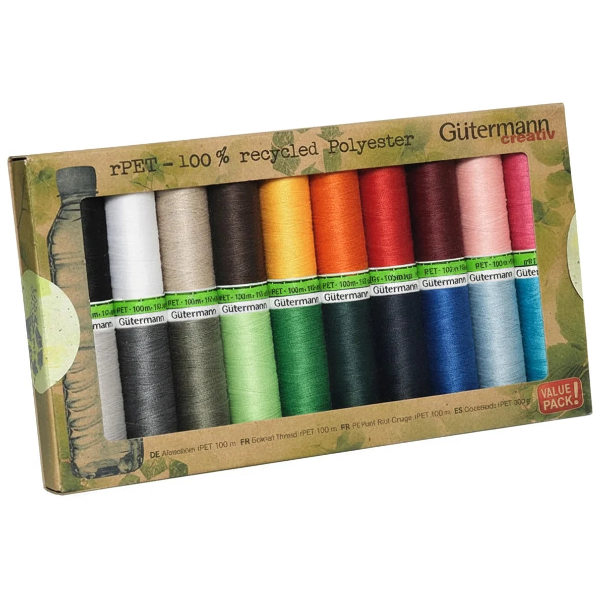 Gütermann naaigaren set met 20 spoelen van 100m gerecycled polyester in diverse kleuren, in kartonnen verpakking. 4009229926661