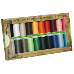 Gütermann naaigaren set met 20 spoelen van 100m gerecycled polyester in diverse kleuren, in kartonnen verpakking. 4009229926661