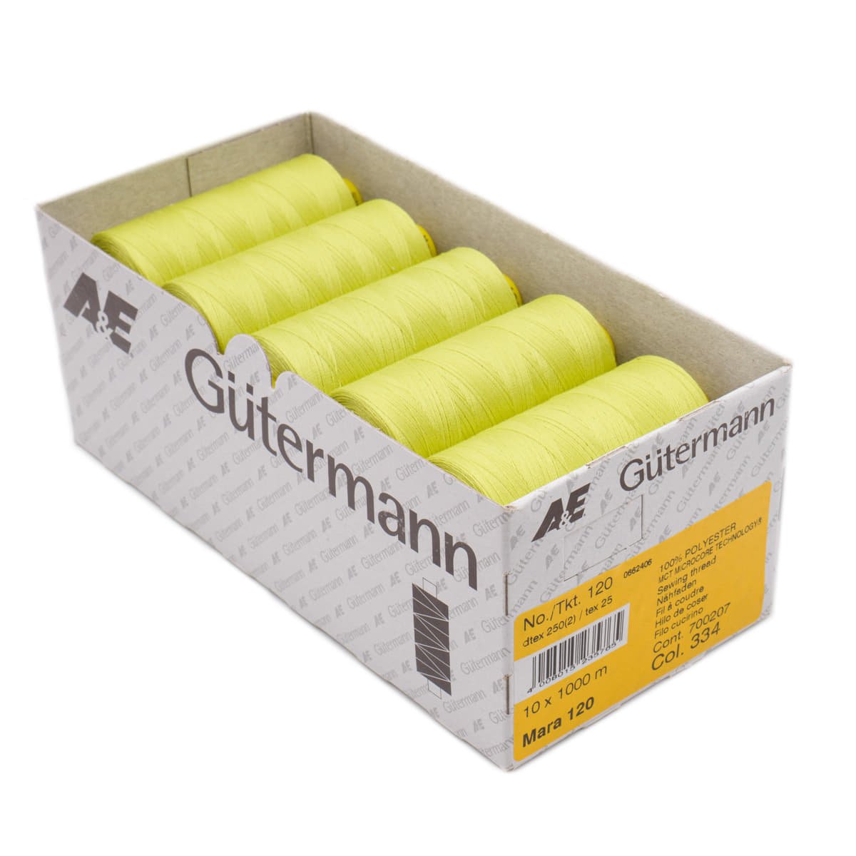 Gütermann Mara 1000m naaigaren | 334 lime | atelier box 10 stuks Naaigaren MARA - BOX - 1000M - 334