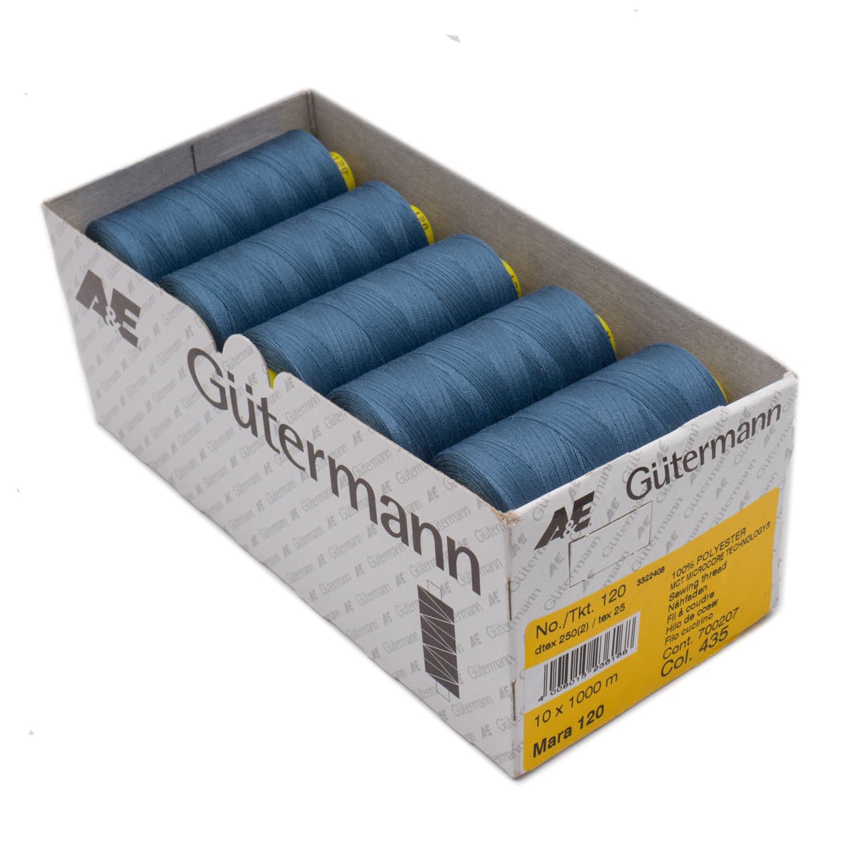 Gütermann Mara 1000m naaigaren | 435 demin blauw | atelier box 10 stuks Naaigaren MARA - BOX - 1000M - 435 4008015236168