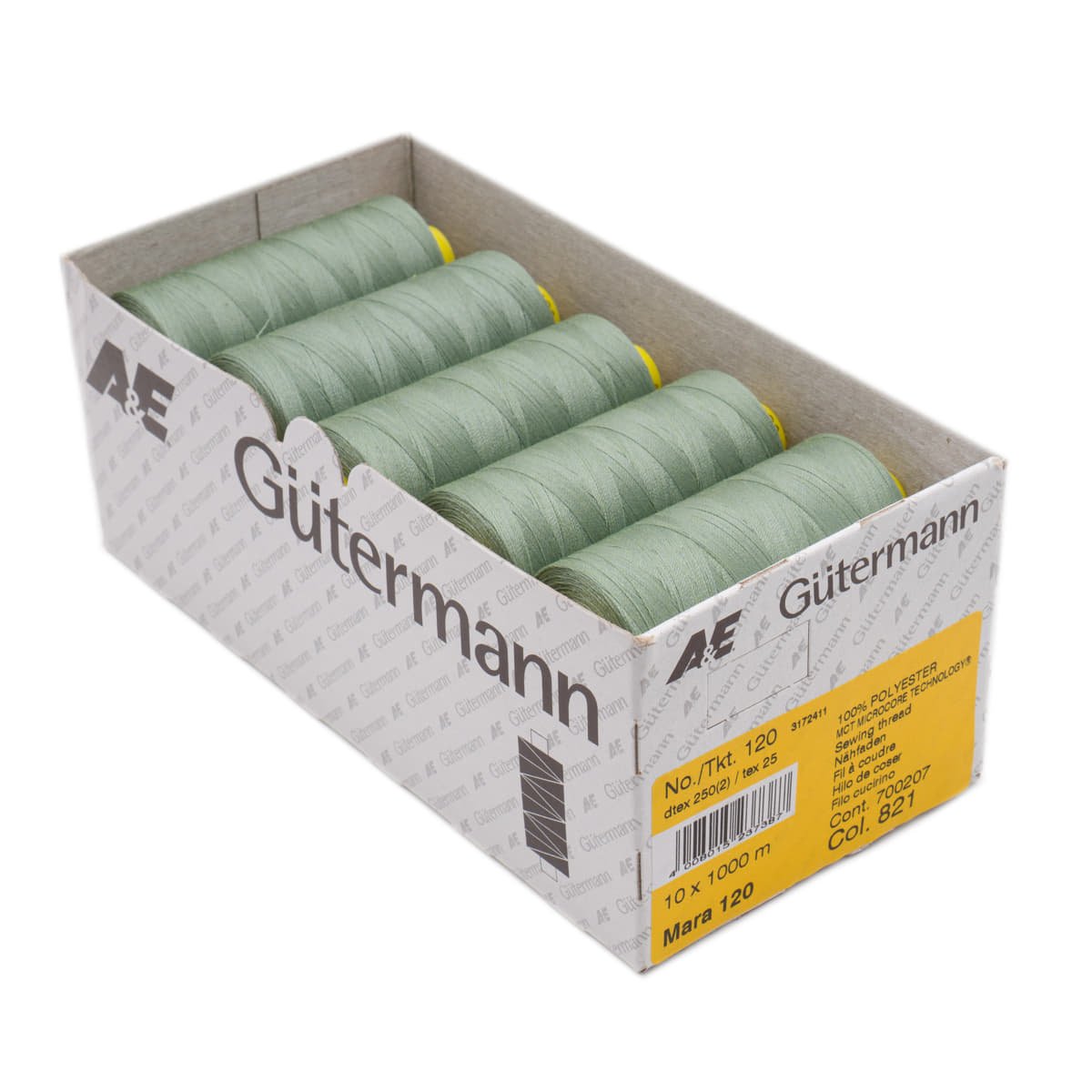 Gütermann Mara 1000m naaigaren | 821 vintage groen | atelier box 10 stuks Naaigaren MARA - BOX - 1000M - 821 4008015237387