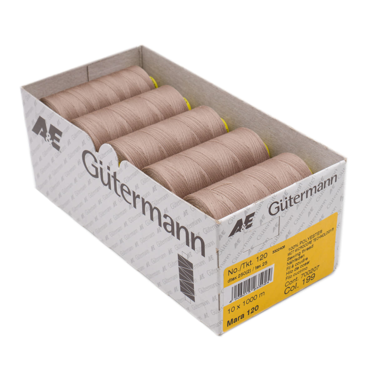 Gütermann Mara 120 1000m naaigaren | atelier box 10 stuks Naaigaren MARA - BOX - 1000M - 199 199 donker beige