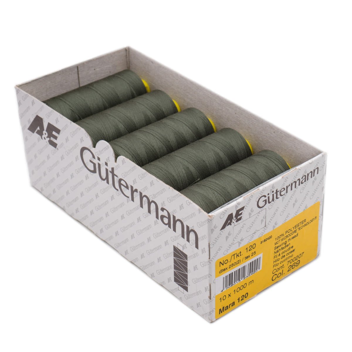 Gütermann Mara 120 1000m naaigaren | atelier box 10 stuks Naaigaren MARA - BOX - 1000M - 269 4008015235420 269 donker mos groen