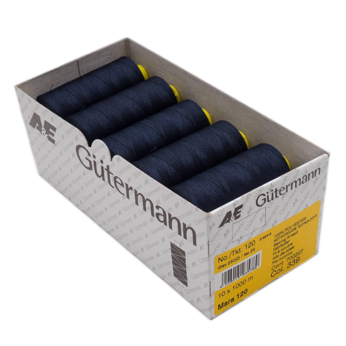 Gütermann Mara 120 1000m naaigaren | atelier box 10 stuks Naaigaren MARA - BOX - 1000M - 339 4008015235789 339 diep donker blauw