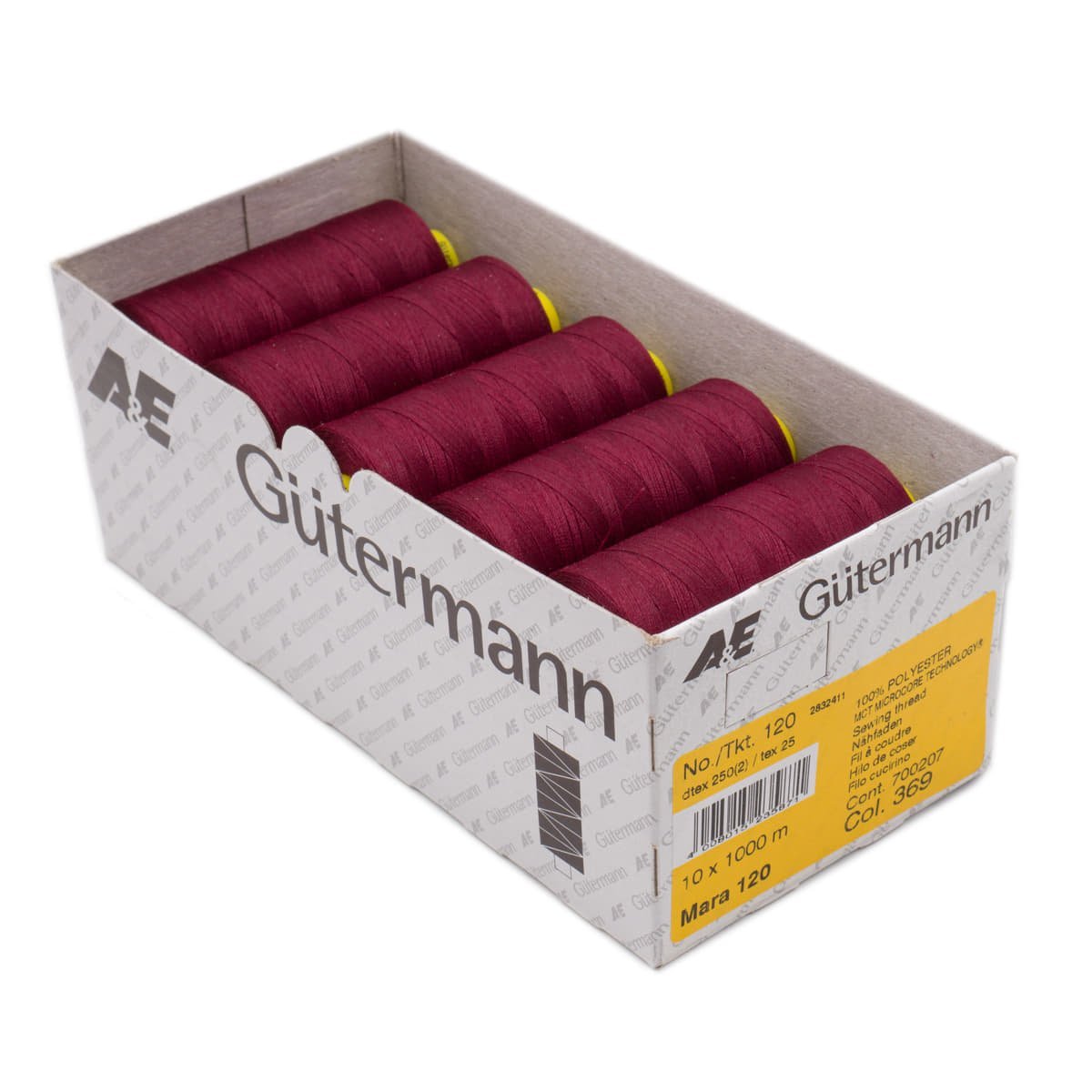 Gütermann Mara 120 1000m naaigaren | atelier box 10 stuks Naaigaren MARA - BOX - 1000M - 369 4008015235871 369 bordeaux
