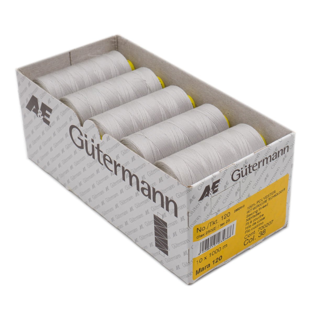 Gütermann Mara 120 1000m naaigaren | atelier box 10 stuks Naaigaren MARA - BOX - 1000M - 38 38 licht grijs