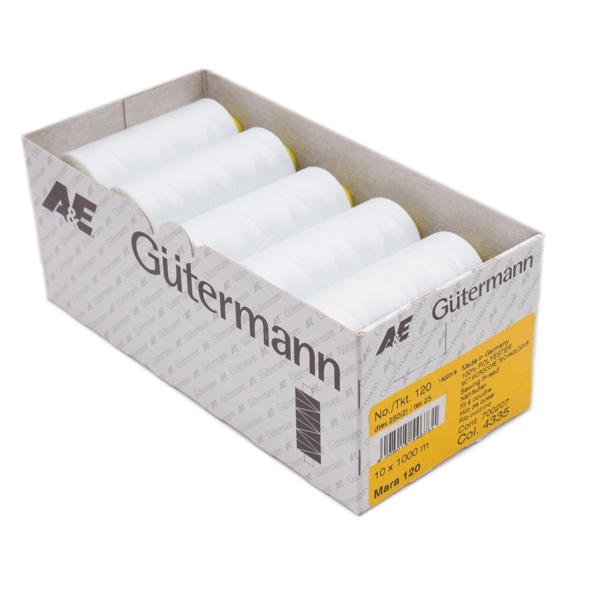 Gütermann Mara 120 1000m naaigaren | atelier box 10 stuks Naaigaren MARA - BOX - 1000M - 4335 4008015546731 4335 ijs wit
