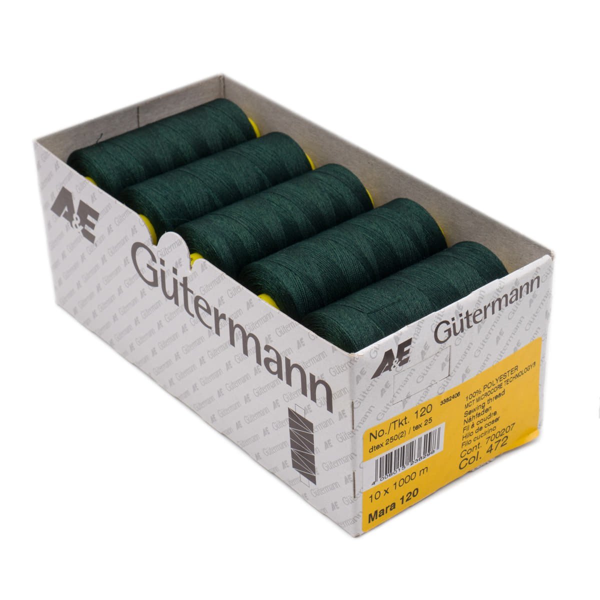 Gütermann Mara 120 1000m naaigaren | atelier box 10 stuks Naaigaren MARA - BOX - 1000M - 472 4008015236298 472 donker groen