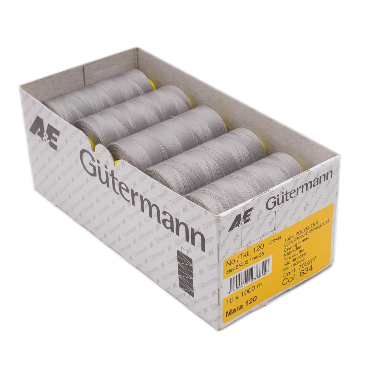 Gütermann Mara 120 1000m naaigaren | atelier box 10 stuks Naaigaren MARA - BOX - 1000M - 634 4008015236809 634 midden grijs