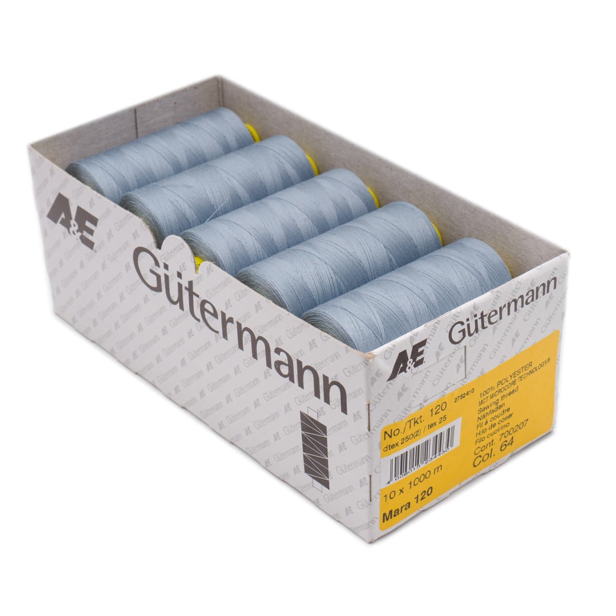Gütermann Mara 120 1000m naaigaren | atelier box 10 stuks Naaigaren MARA - BOX - 1000M - 64 4008015234430 64 licht jeans blauw