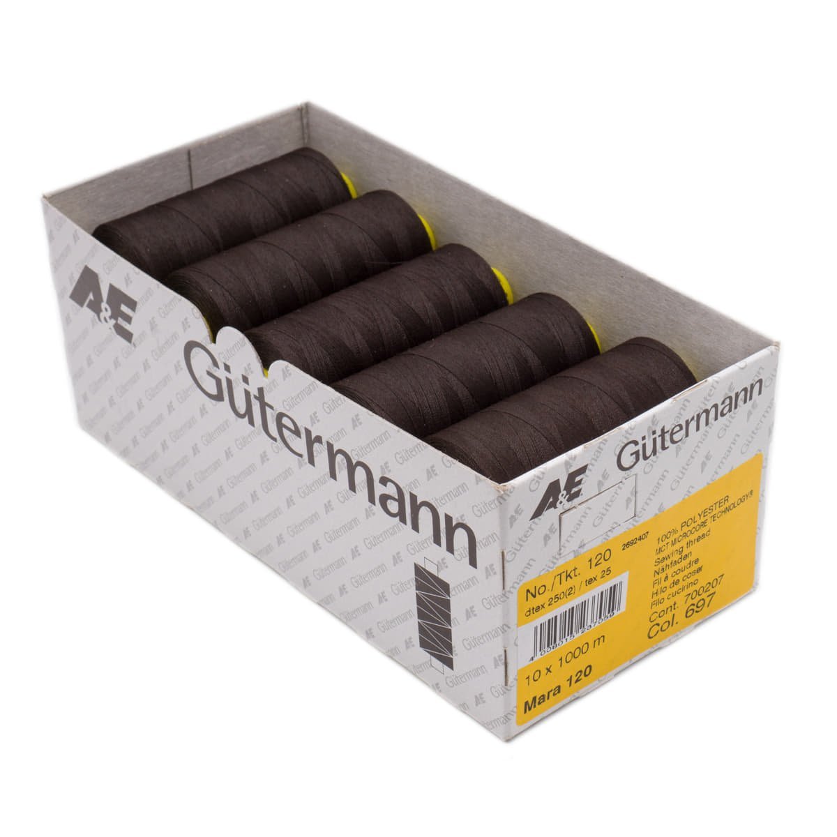 Gütermann Mara 120 1000m naaigaren | atelier box 10 stuks Naaigaren MARA - BOX - 1000M - 697 4008015237059 697 diep donkerbruin