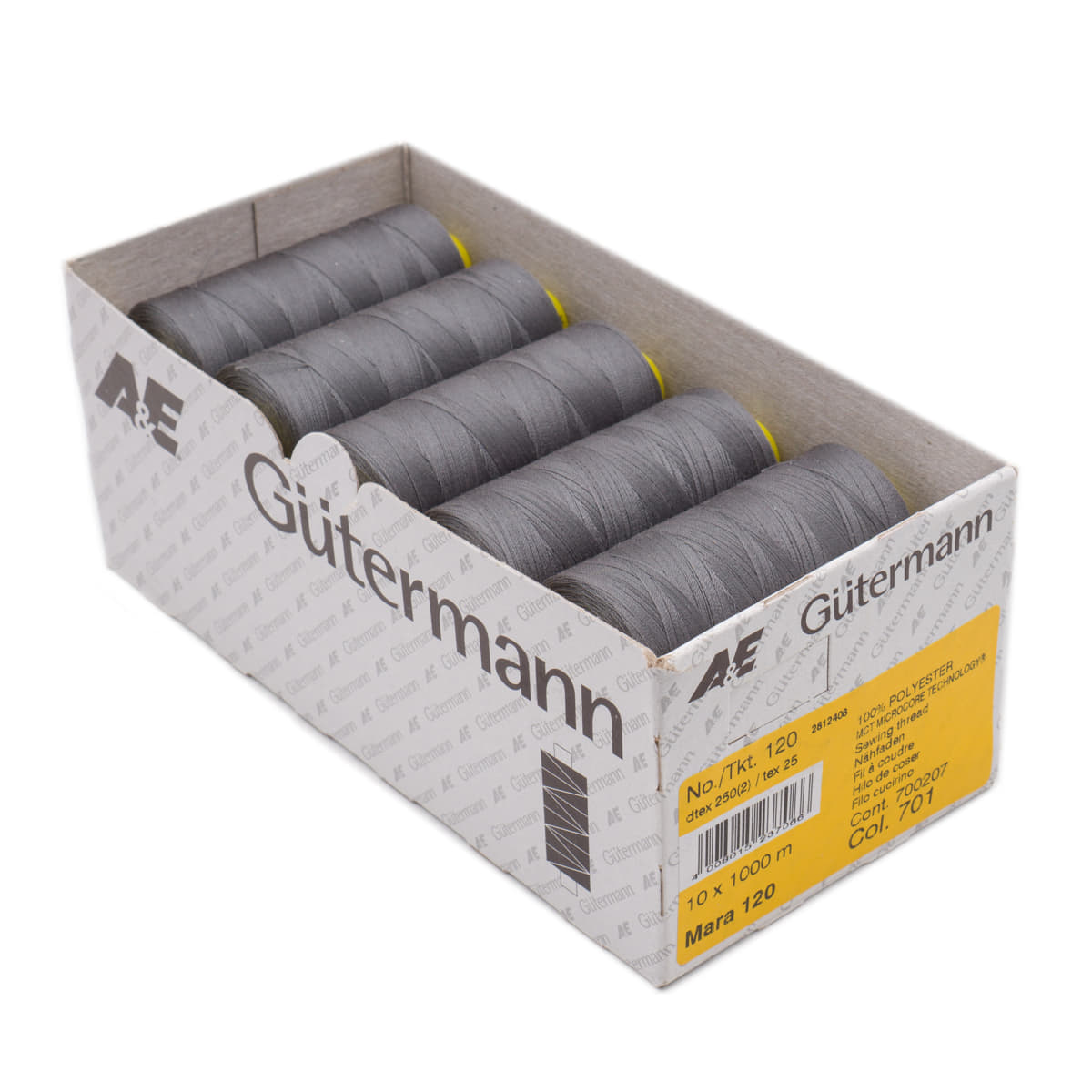 Gütermann Mara 120 1000m naaigaren | atelier box 10 stuks Naaigaren MARA - BOX - 1000M - 701 4008015237066 701 donker grijs
