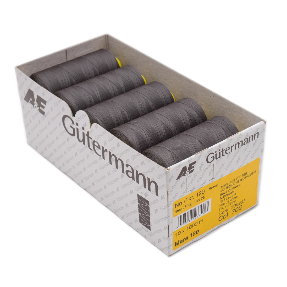 Gütermann Mara 120 1000m naaigaren | atelier box 10 stuks Naaigaren MARA - BOX - 1000M - 702 4008015237073 702 antraciet