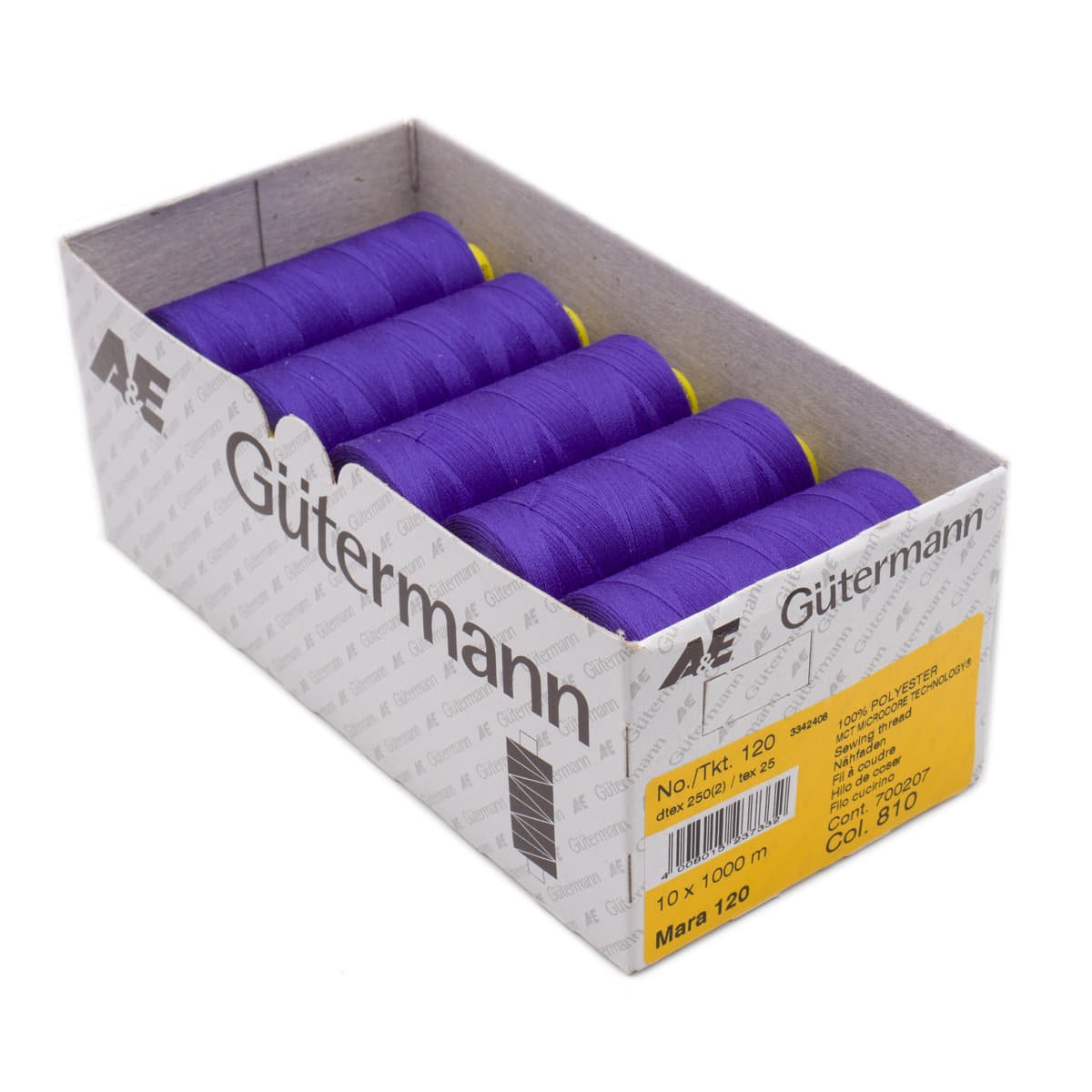 Gütermann Mara 120 1000m naaigaren | atelier box 10 stuks Naaigaren MARA - BOX - 1000M - 810 4008015237332 810 paars