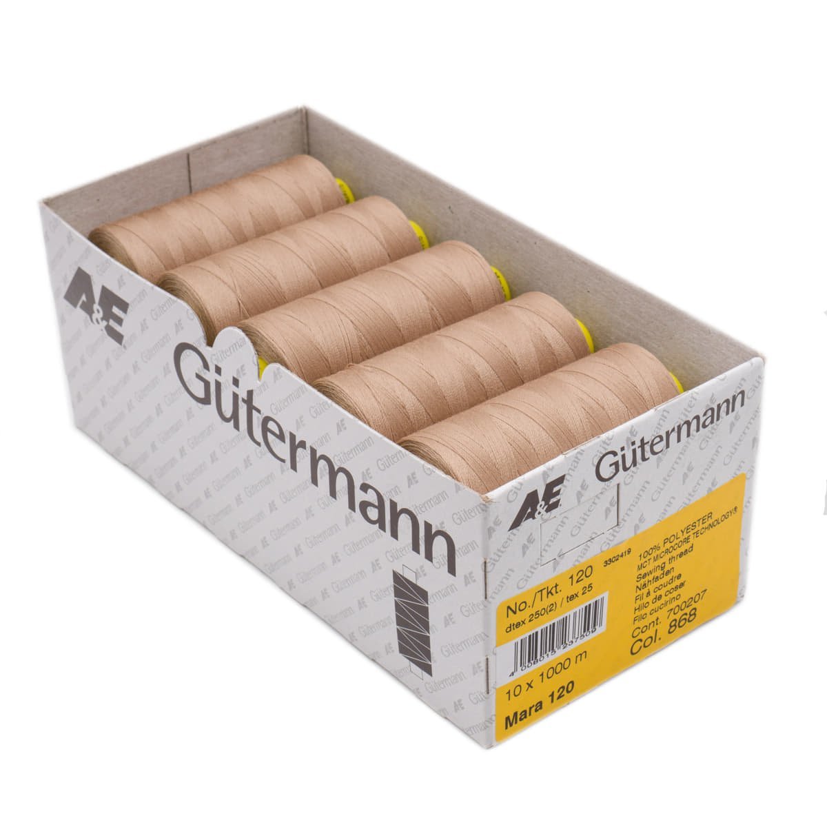Gütermann Mara 120 1000m naaigaren | atelier box 10 stuks Naaigaren MARA - BOX - 1000M - 868 4008015237509 868 donker beige