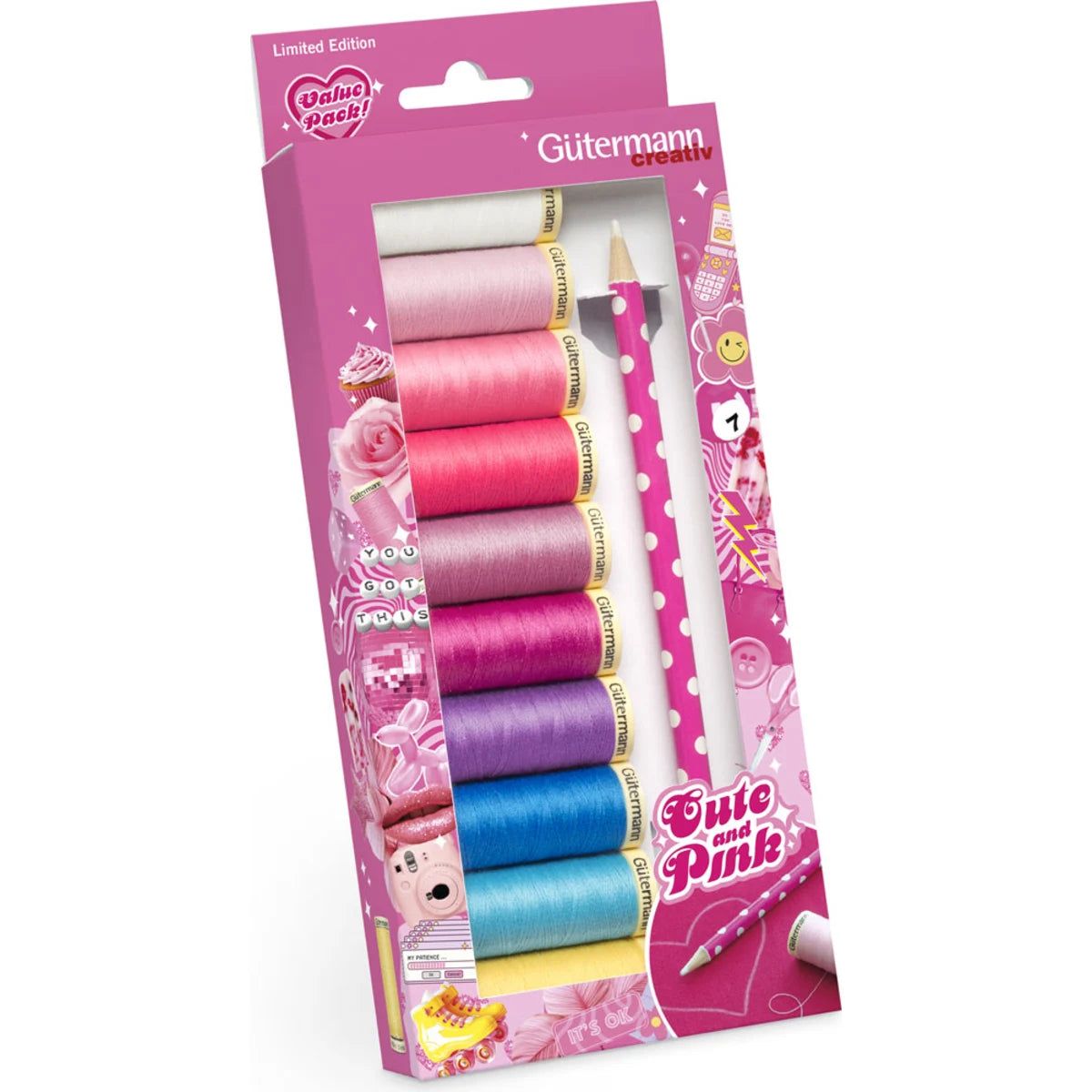 Schuin bovenaanzicht van de gesloten Gutermann naaigaren set Pink and Cute verpakking, met roze design en "Limited Edition Value Pack" label. 734589, 4068075077521 | GUTERMANN-SET-734589 | 4068075077521
