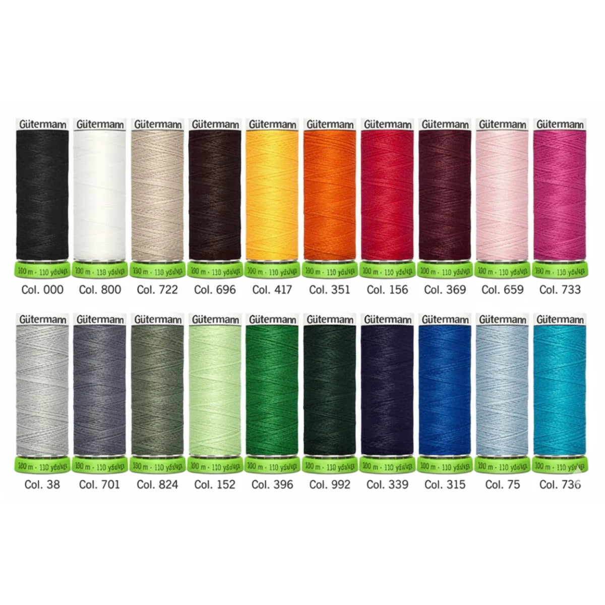 Gütermann naaigaren spoelen in diverse kleuren, 20 spoelen getoond, elk 100m. 4005865000000