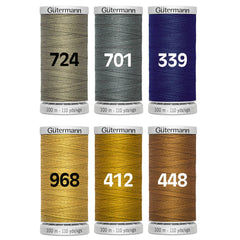 Six bobines de fil à coudre Gutermann aux couleurs jean : kaki, gris, marine, or, moutarde et marron. Chacune 100m. 4004283400010