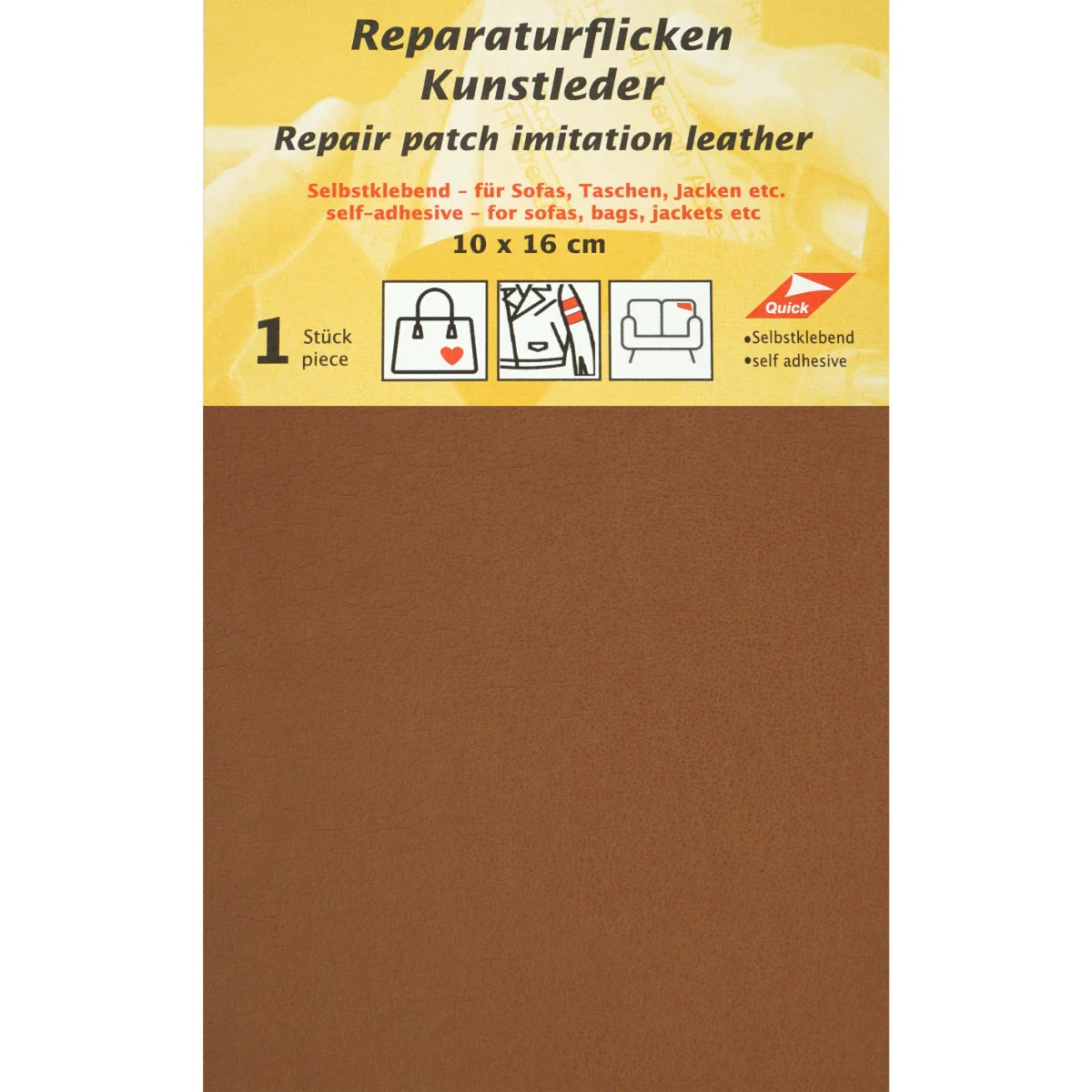 Patch de réparation imitation cuir marron, 10x16cm, auto-adhésif, une pièce. Marque Kleiber. 4005414007001