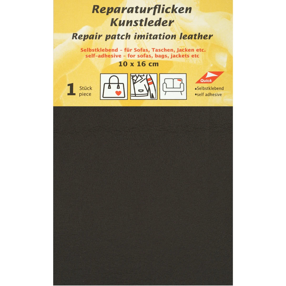 Patch de réparation noir imitation cuir, auto-adhésif, 10x16 cm, une pièce. Marque Kleiber. 4000097018658