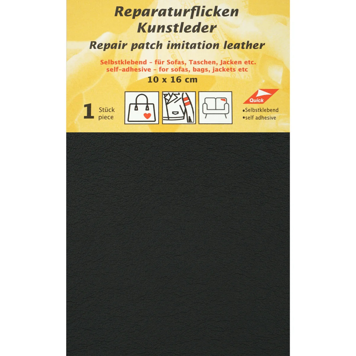 Patch de réparation imitation cuir noir, 10x16 cm, auto-adhésif, pour sacs et vestes. Pièce. 4005400000000