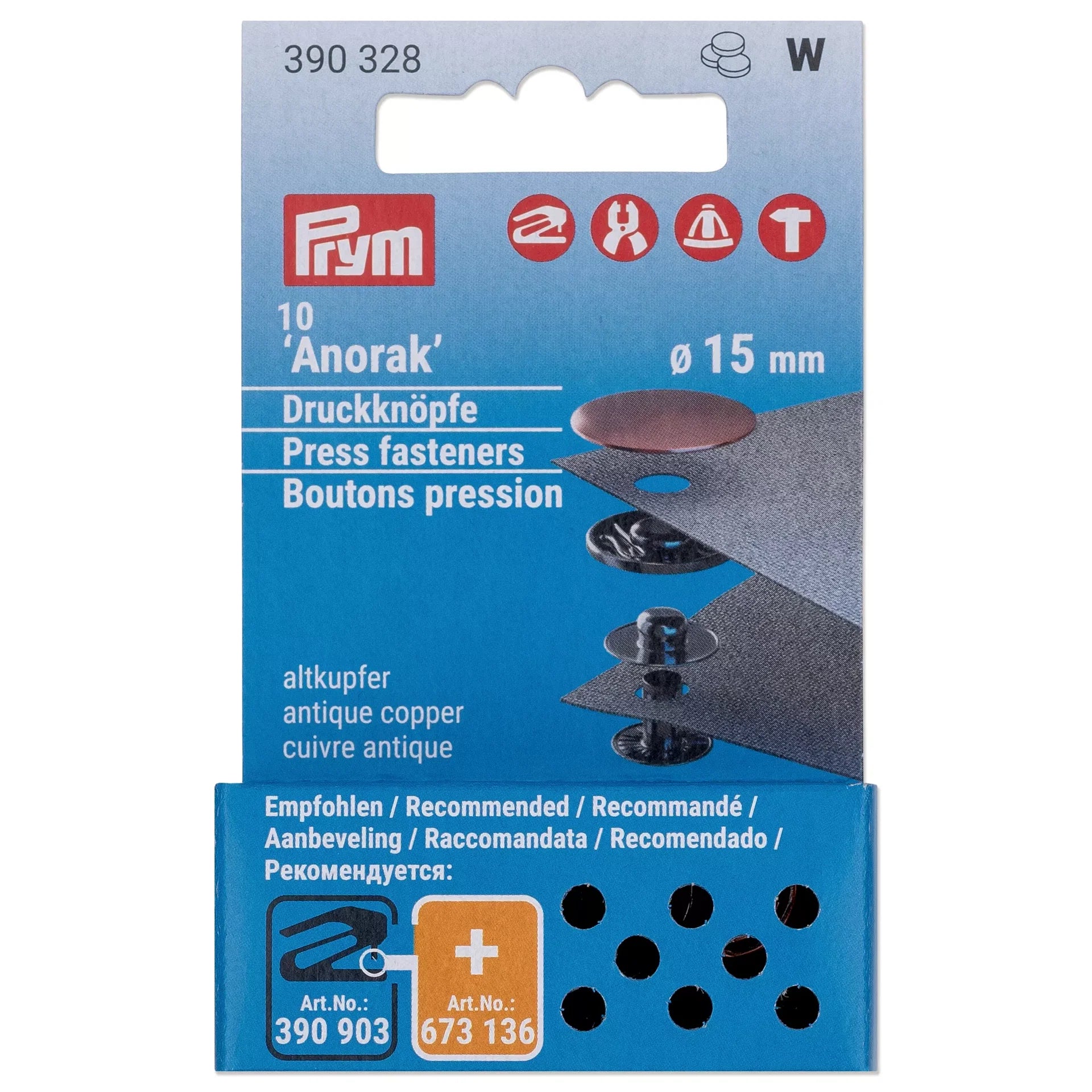 Verpakking van Prym Anorak drukknopen navulling, 10 stuks, 15mm, antiek koper | PRYM-390328 | 4002273903282