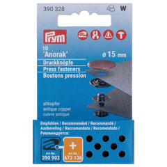 Verpakking van Prym Anorak drukknopen navulling, 10 stuks, 15mm, antiek koper | PRYM-390328 | 4002273903282