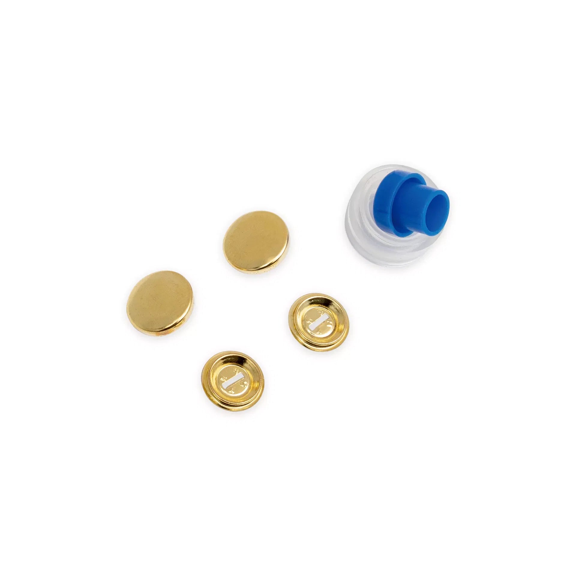 Prym Cover Buttons 19mm goudkleurig met blauwe tool op witte achtergrond | PRYM-323216 | 4002273232160