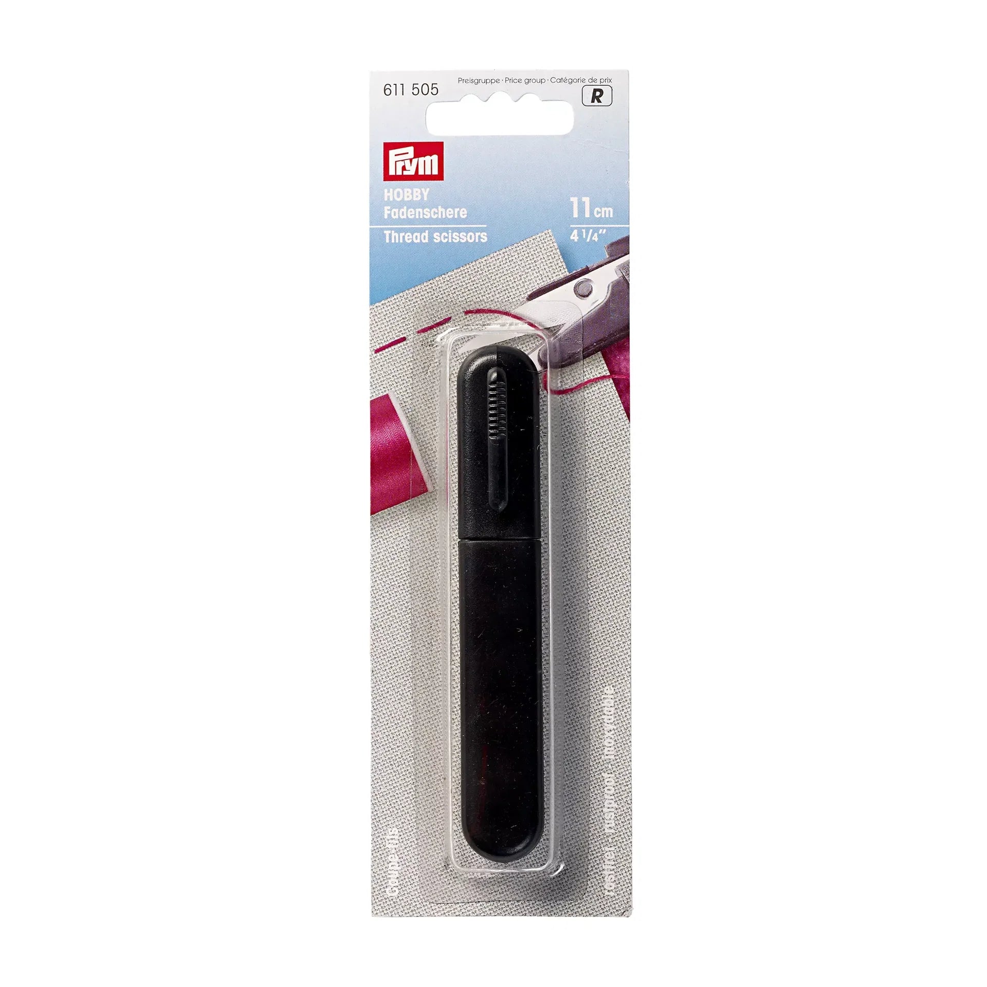 Verpakking van Prym draadschaartje 11 cm, zwart, met productinformatie | PRYM-611505 | 4002276115057