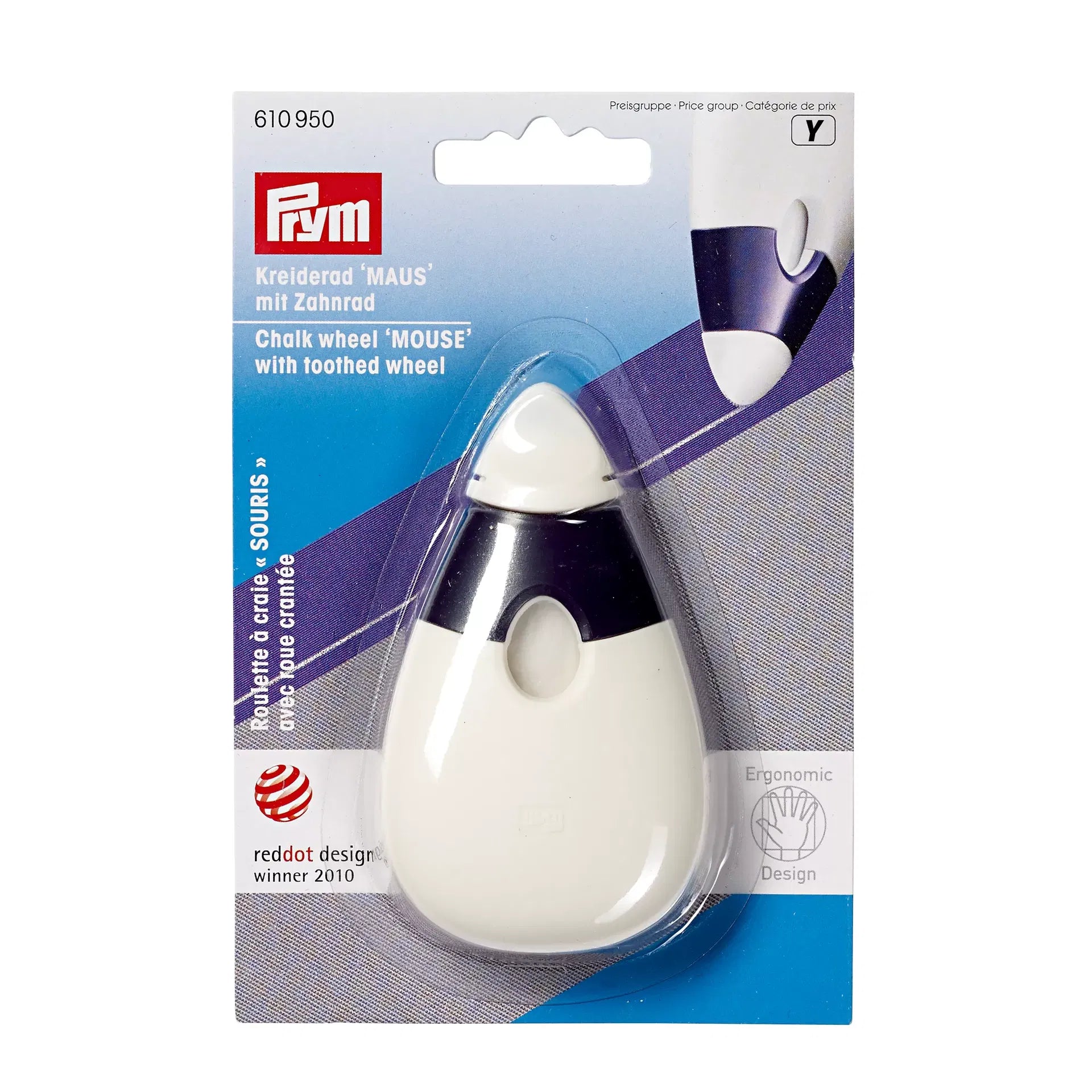Verpakking van de Prym Ergonomics Chalk Wheel Mouse, met Red Dot Design Award logo | PRYM-610950 | 4002276109506
