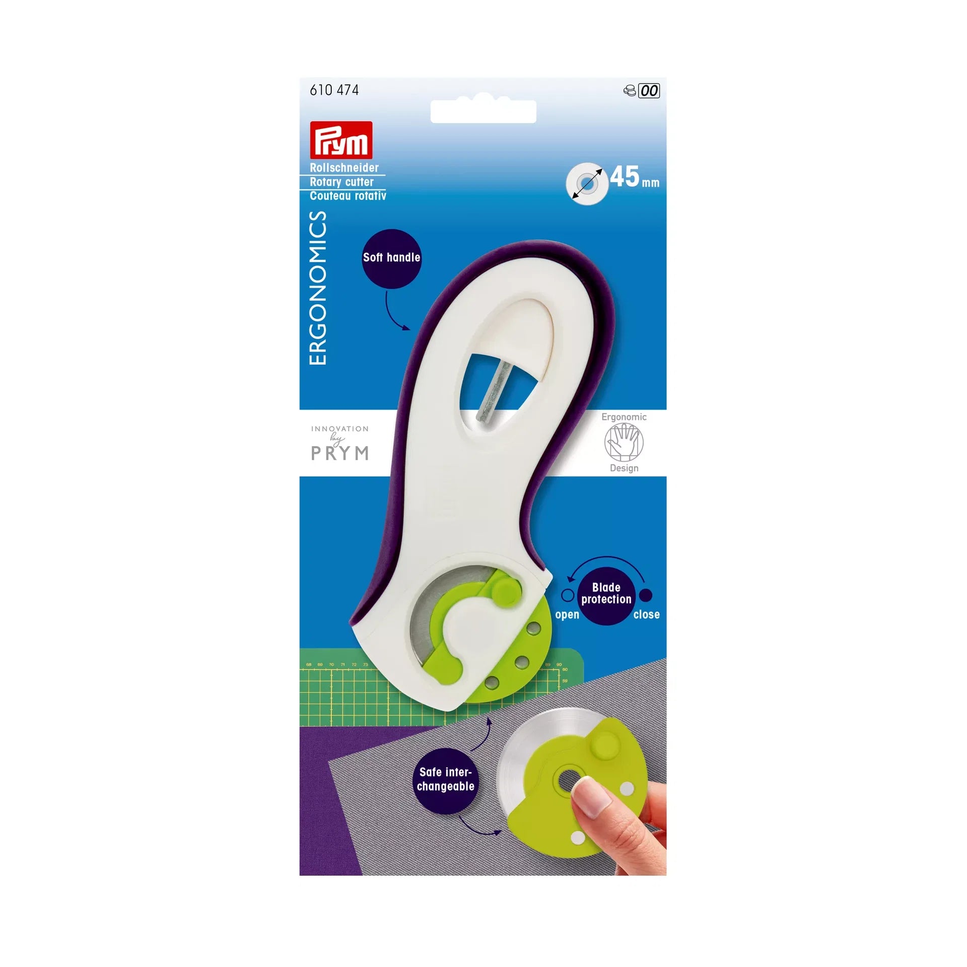 Verpakking van Prym.ergonomics rolmes met 45mm blad, met ergonomische details | PRYM-610474 | 4002276104747