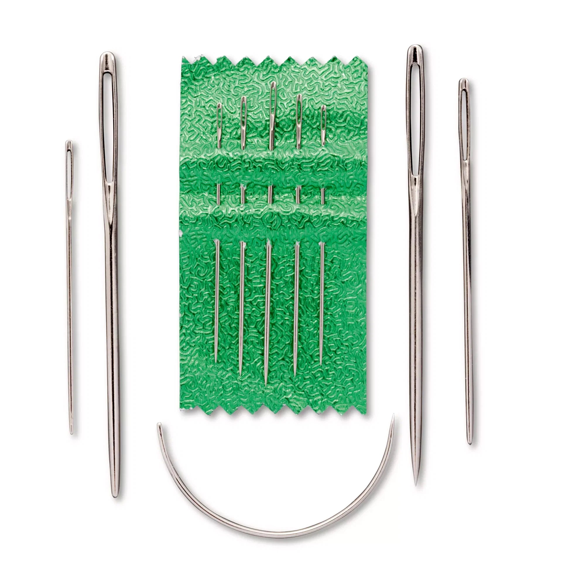 Assortiment Prym hobby naalden op een groene ondergrond, met diverse maten en types, inclusief een gebogen naald. | PRYM-131124 | 4002271311249