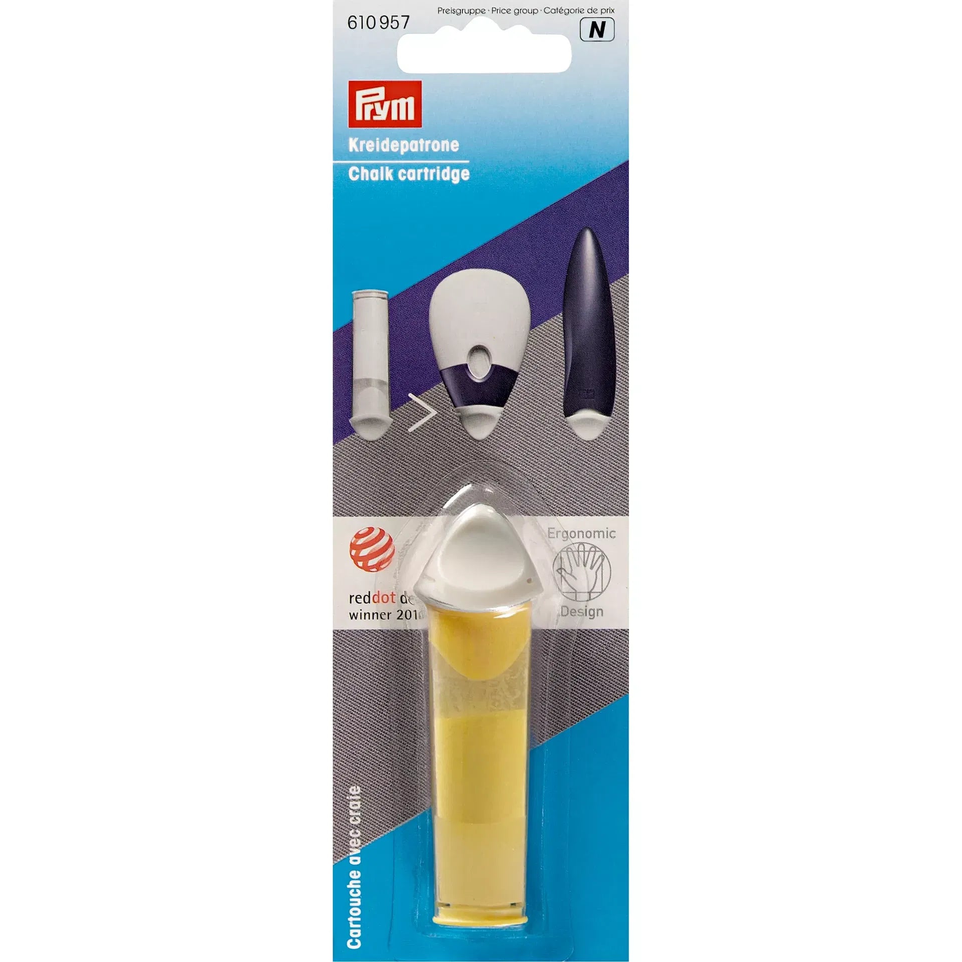 Verpakking van Prym gele krijt cartridge met productinformatie en Red Dot Design Award logo | PRYM-610957 | 4002276109575