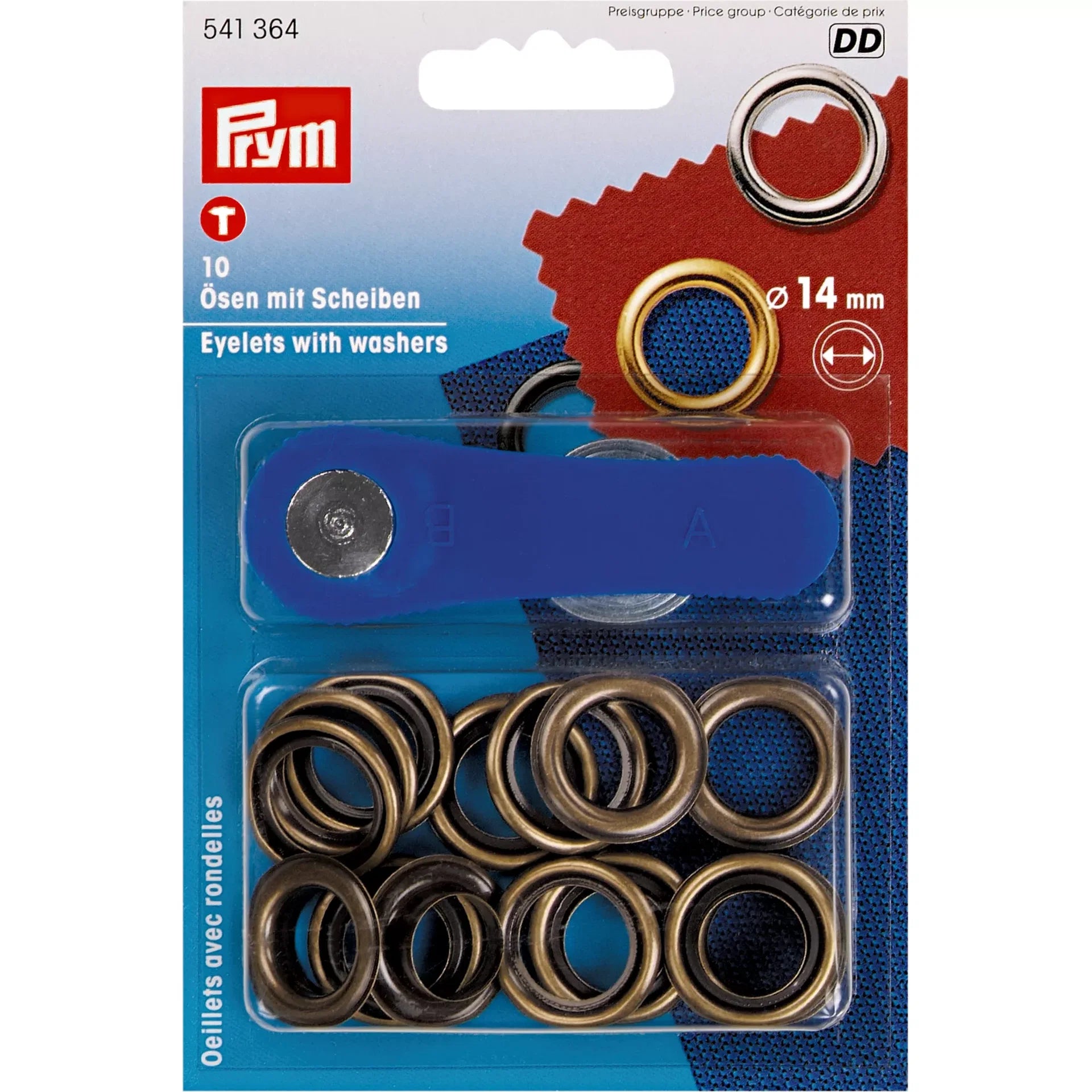 Prym oogjes met ringen, 14mm binnendiameter, antiek messing kleur, verpakt op kaart met blauwe applicator tool, artikelnummer 541364 | PRYM-541364 | 4002275413642