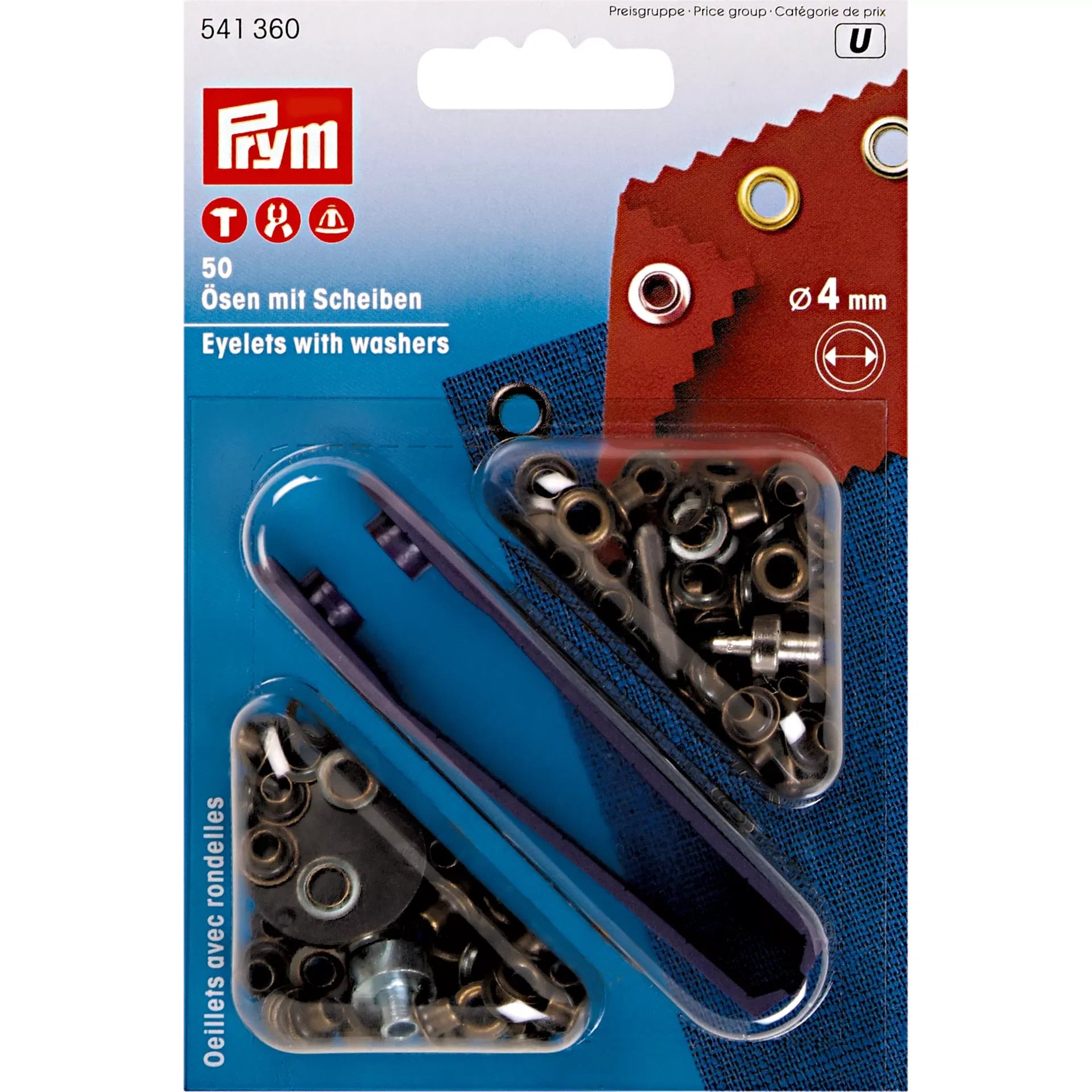 Verpakking van Prym oogjes met ringetjes, 4mm binnendiameter, antiek messing kleur, met 50 stuks. | PRYM-541360 | 4002275413604