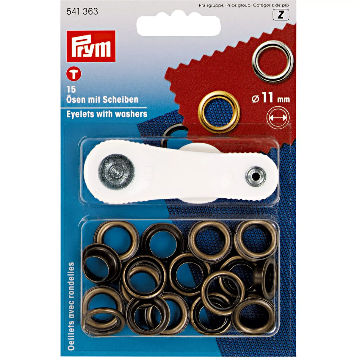 Prym oogjes met rondellen, 11mm binnendiameter, antiek messing afwerking, verpakt op blauwe kaart met productinformatie en Prym logo. 541363 4002275413635 | PRYM-541363 | 4002275413635