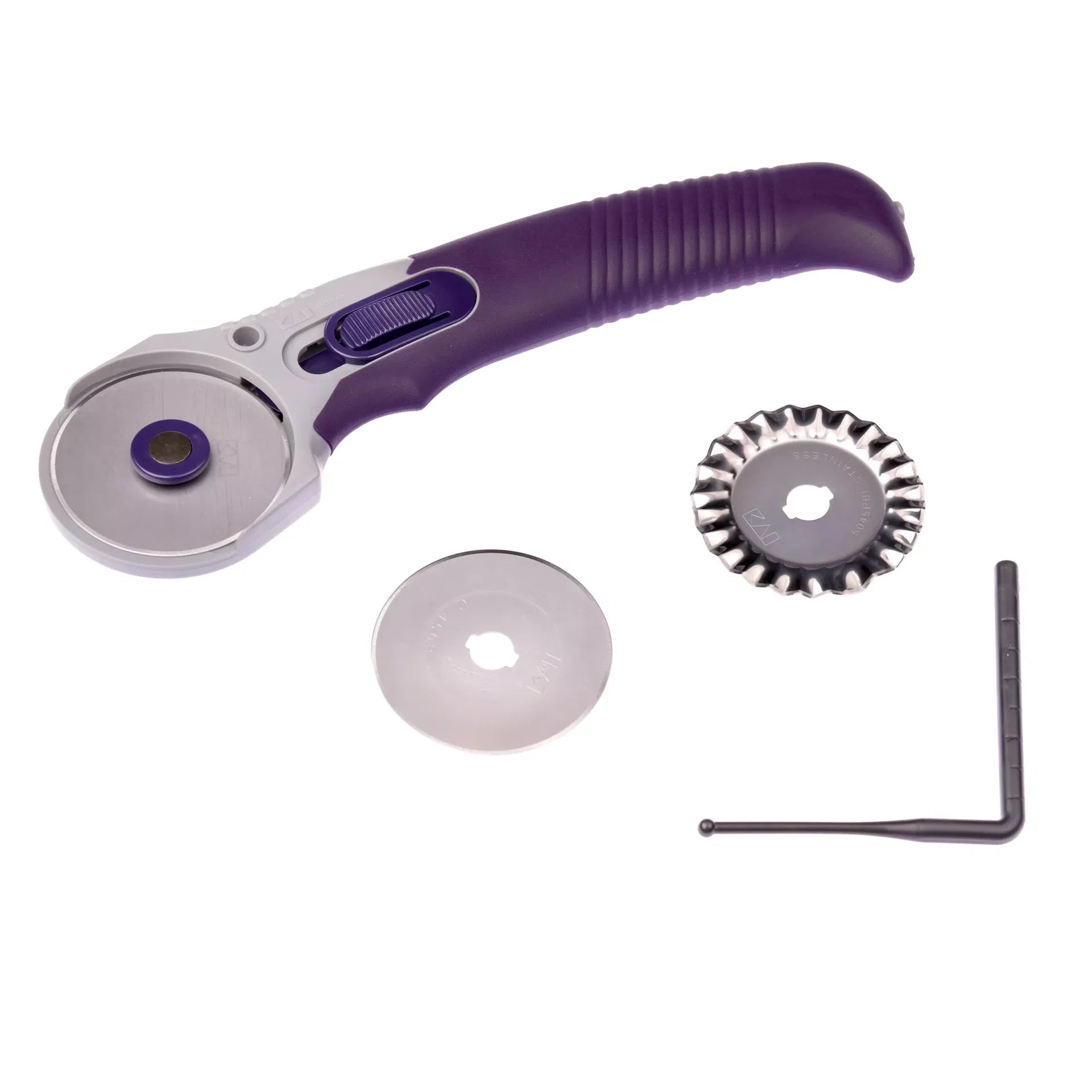 Prym Originals roterende snijder 45mm met standaard mes, gekarteld mes en instelgereedschap op witte achtergrond, SKU PRYM-611368 | PRYM-611368 | 4002276113688