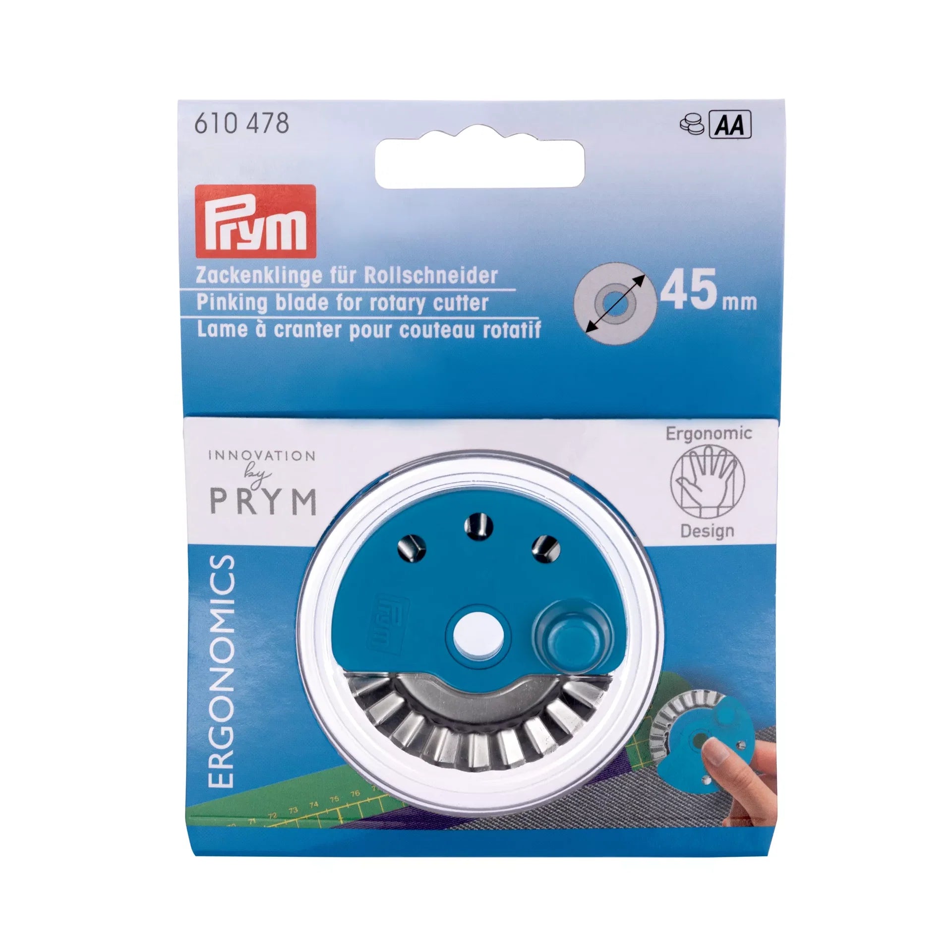 Verpakking van Prym pinking mes voor rolmes 45mm, met productinformatie en merklogo | PRYM-610478 | 4002276104785