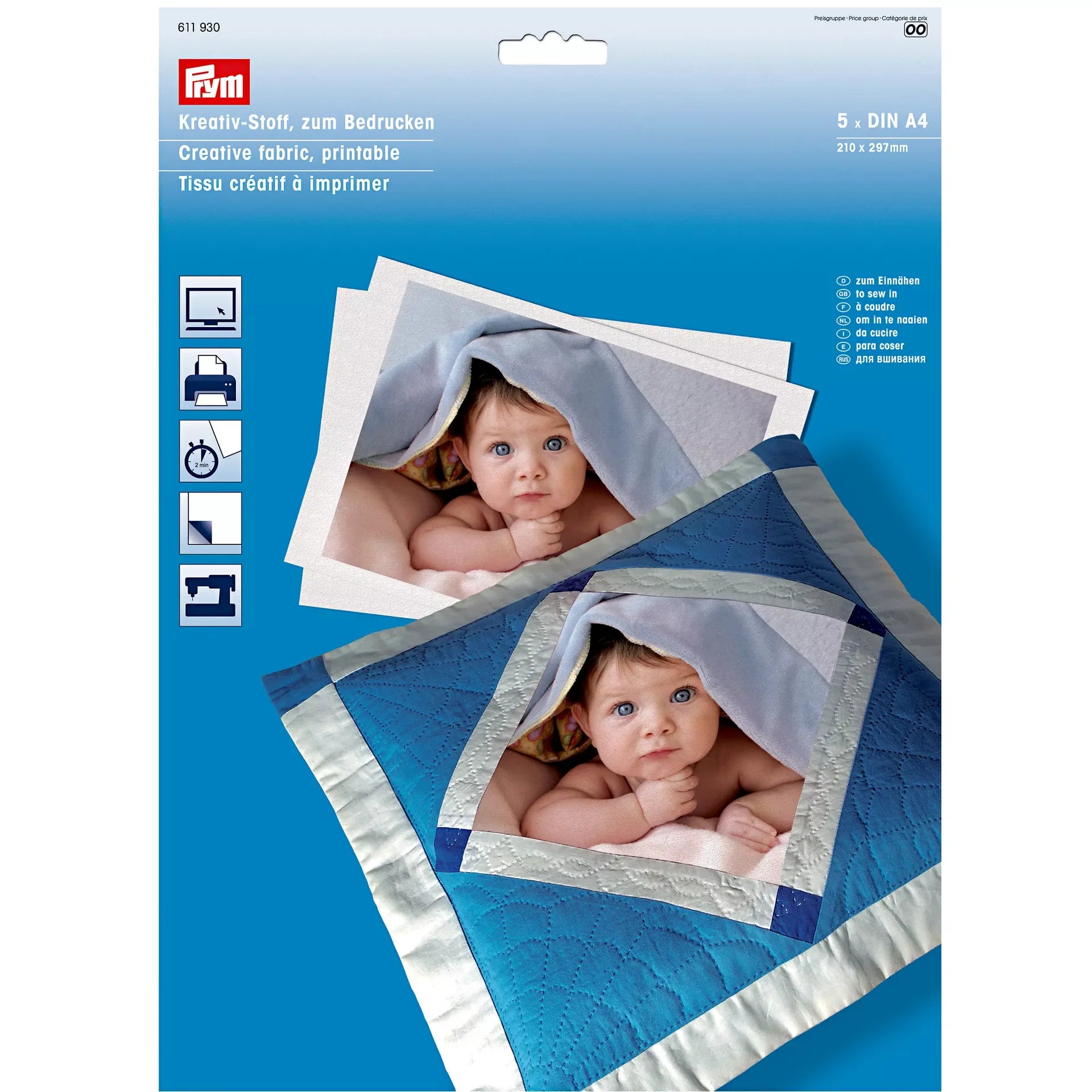 Verpakking van Prym creatieve stof om te bedrukken, met afbeeldingen van baby's op stof, 5x A4 | PRYM-611930 | 4002276119307