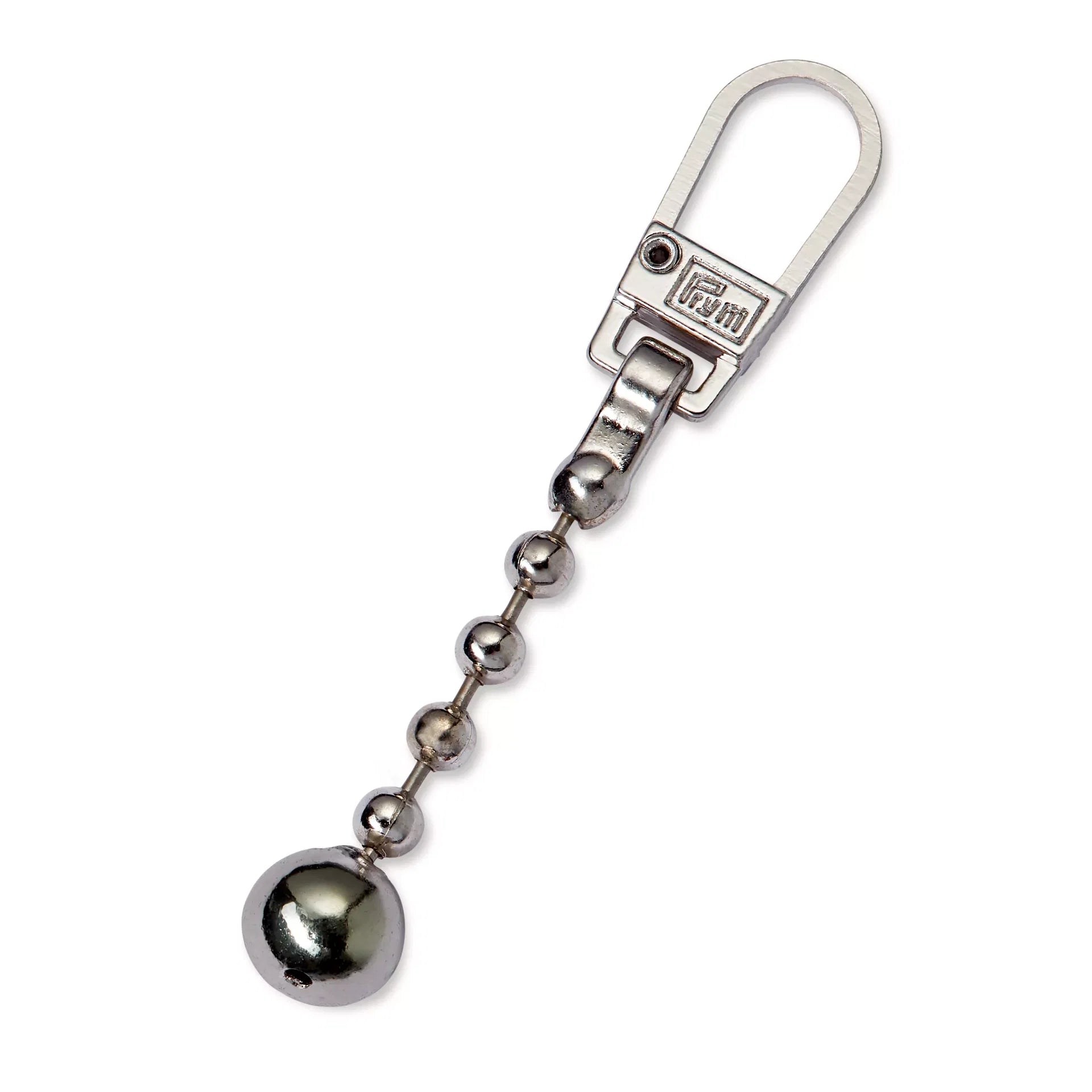 Zilverkleurige metalen ritslip met ball chain en Prym logo, geïsoleerd op witte achtergrond, SKU 482113 | PRYM-482113 | 4002274821134