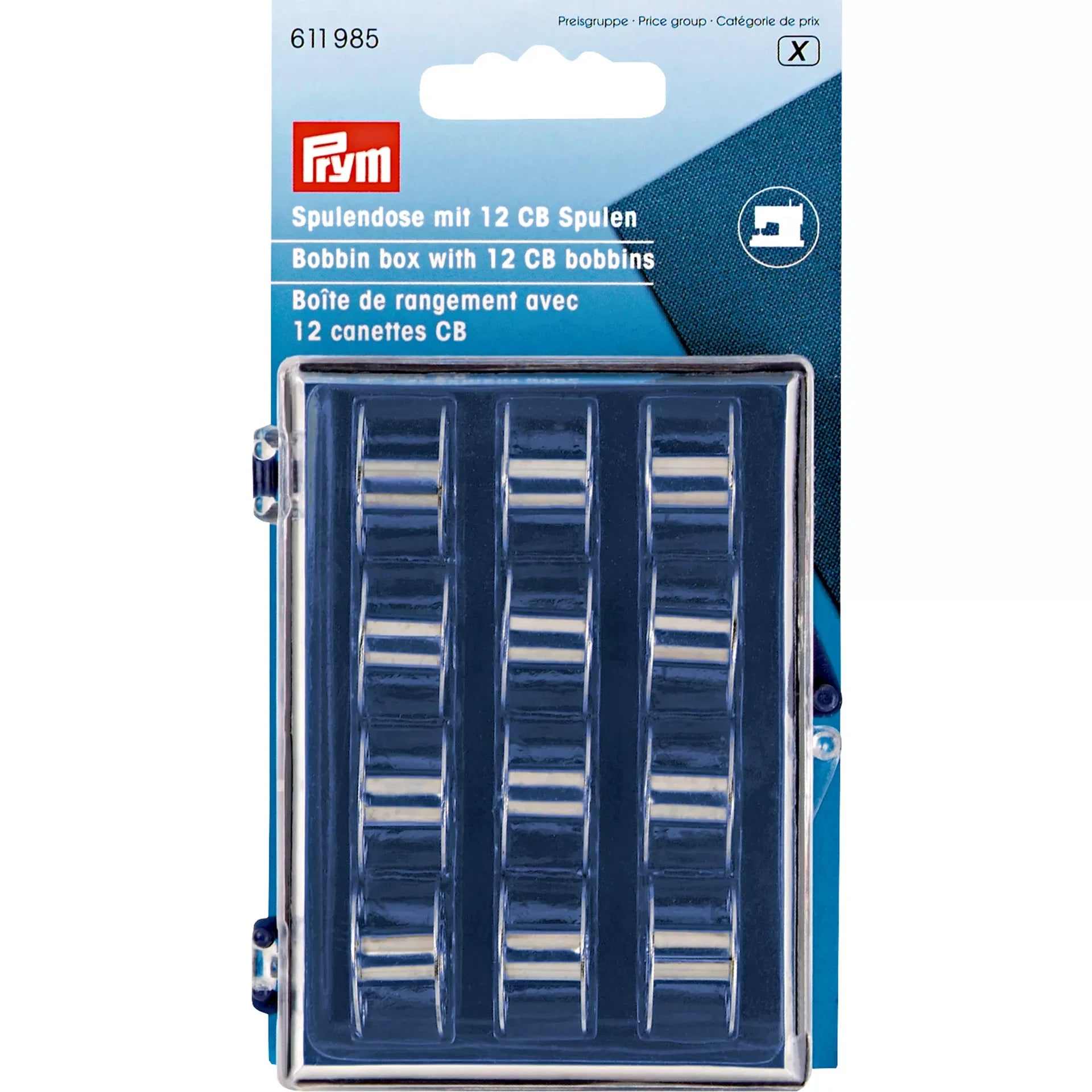 Verpakking van Prym spoelhouder met 12 metalen CB spoelen, met productinformatie en naaimachine icoon, EAN 4002276119857 | PRYM-611985 | 4002276119857