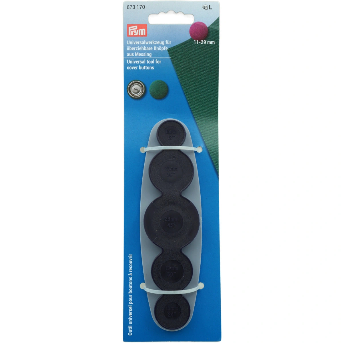 Prym universeel gereedschap voor stofknopen 11-29 mm in verpakking, met voorbeelden van een metalen knoop en een groene stoffen knoop, PRYM-673170